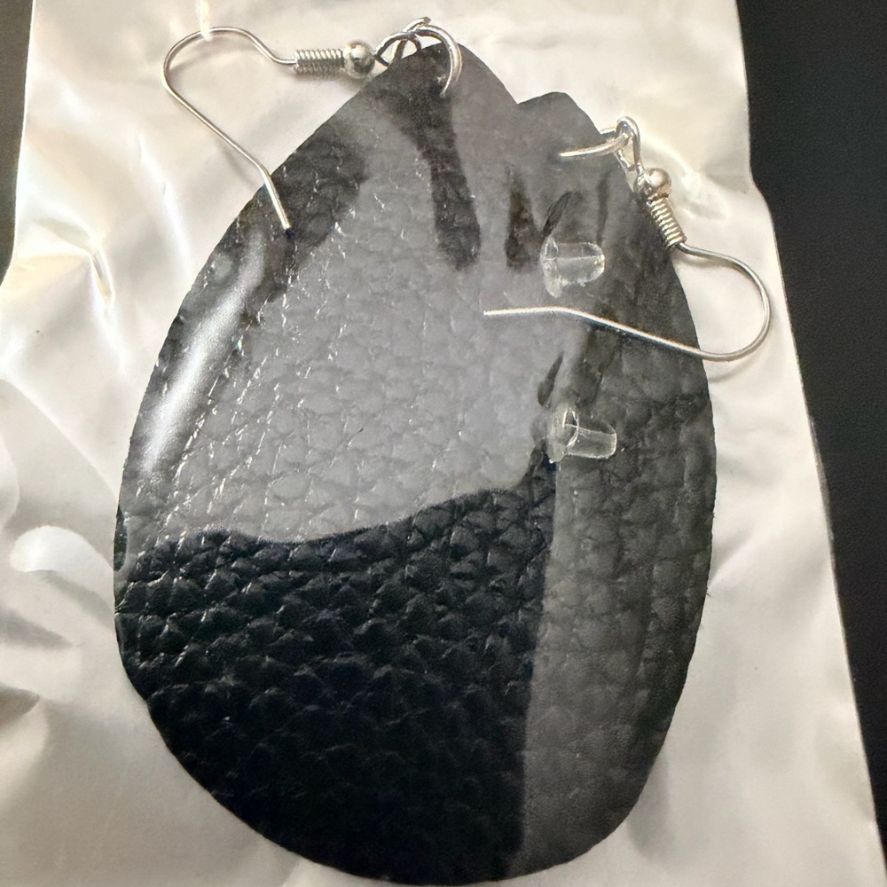 Teardrop Black Textured Leather Earrings